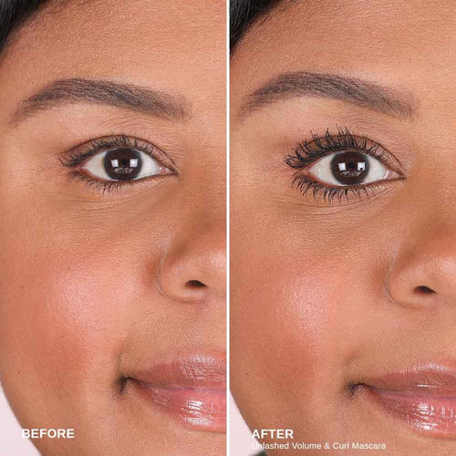 Danielle before and after using Wander Beauty Unlashed Volume and Curl Mascara